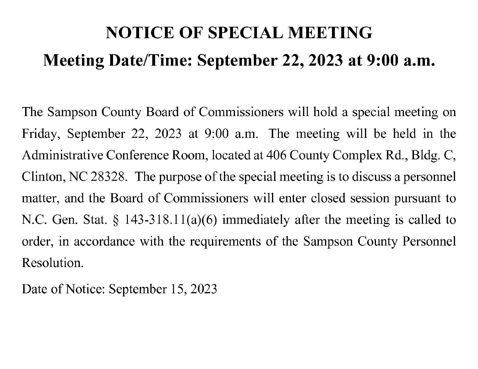 NOTICE OF SPECIAL MEETING 9.22.23